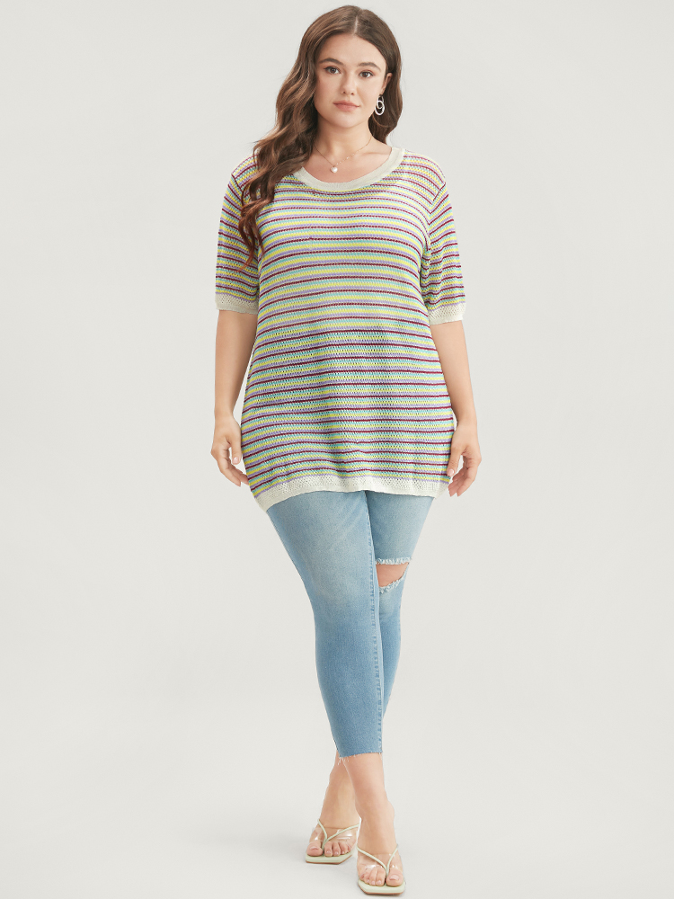 Plus Size Striped Contrast Round Neck Knit Top Multicolor Women Vacation Short sleeve Round Neck Dailywear Pullovers BloomChic 12/L 