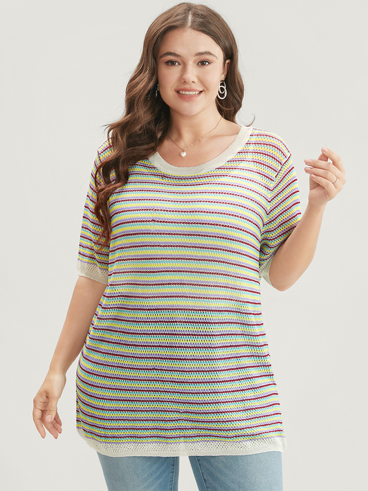 Plus Size Striped Contrast Round Neck Knit Top Multicolor Women Vacation Short sleeve Round Neck Dailywear Pullovers BloomChic 12/L 