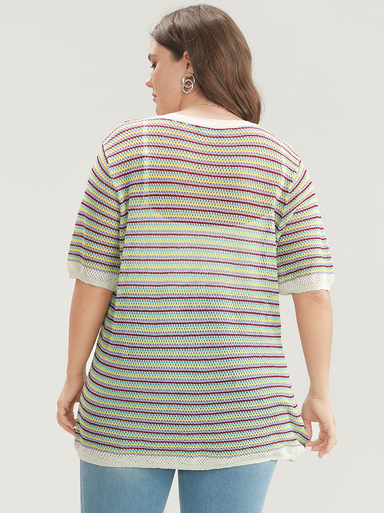Plus Size Striped Contrast Round Neck Knit Top Multicolor Women Vacation Short sleeve Round Neck Dailywear Pullovers BloomChic 12/L 