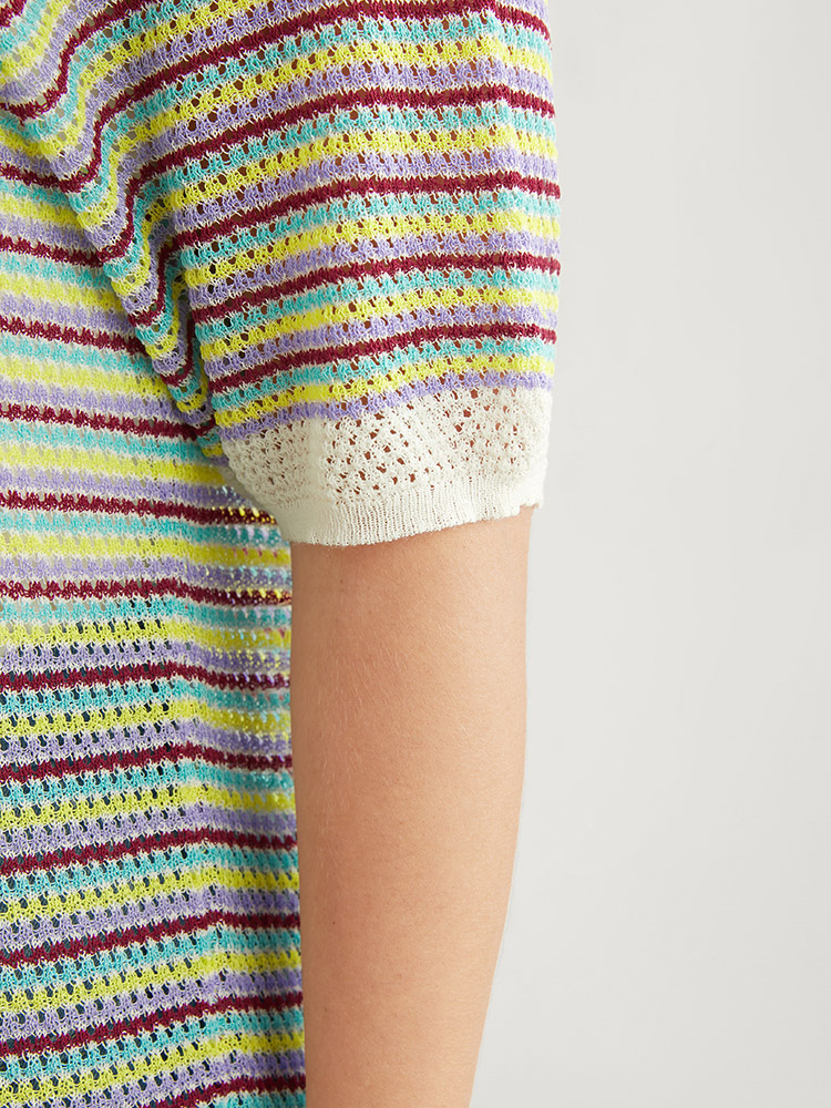 Plus Size Striped Contrast Round Neck Knit Top Multicolor Women Vacation Short sleeve Round Neck Dailywear Pullovers BloomChic 12/L 