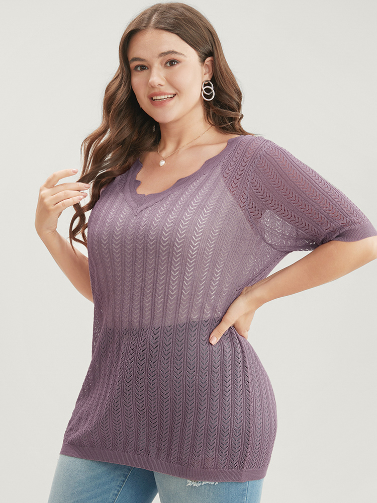 

Plus Size Plain Geometric Lace Trim V Neck Knit Top Heather Women Casual Short sleeve V-neck Dailywear Pullovers BloomChic