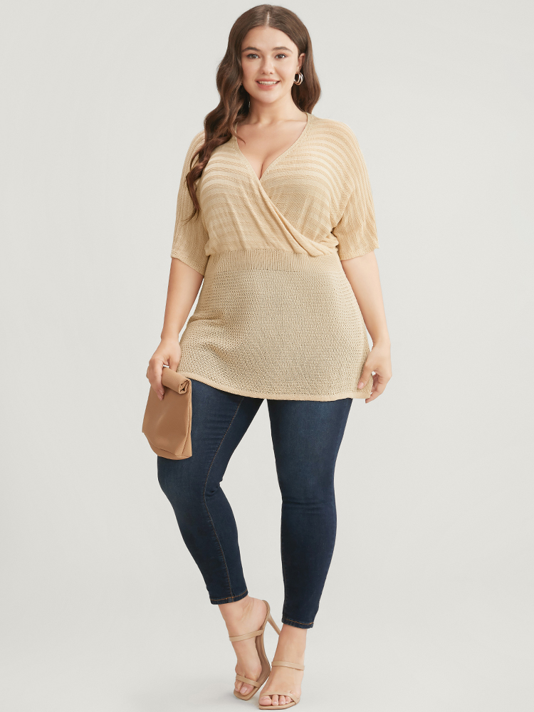 

Plus Size Plain Dolman Sleeve Wrap Knit Top Champagne Women Casual Short sleeve V-neck Dailywear Pullovers BloomChic