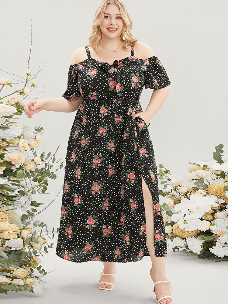 

Plus Size Floral & Polka Dot Ruffle Trim Pocket Cold Shoulder Split Dress BlackFlower Women Elegant Adjustable Straps Cold Shoulder Short sleeve Curvy Long Dress BloomChic