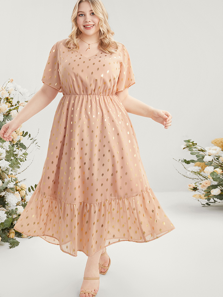 Plus Size Polka Dot V Neck Pocket Ruffle Hem Maxi Dress Rouge Women Elegant Elastic Waist V-neck Short sleeve Curvy Long Dress BloomChic 26/4X 