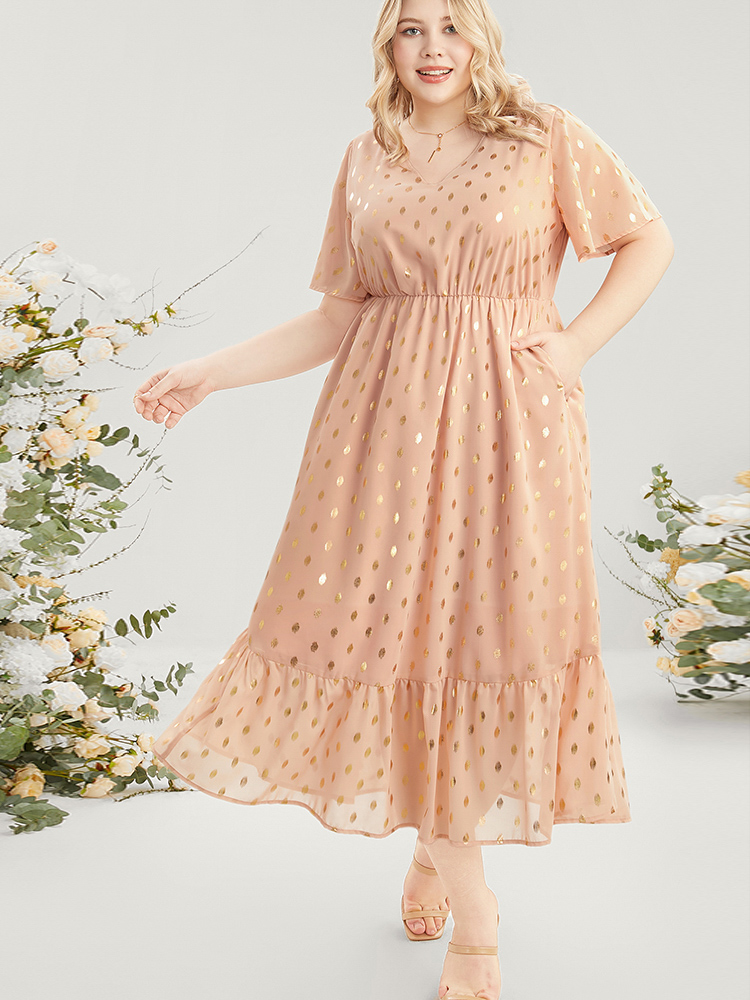 Plus Size Polka Dot V Neck Pocket Ruffle Hem Maxi Dress Rouge Women Elegant Elastic Waist V-neck Short sleeve Curvy Long Dress BloomChic 26/4X 