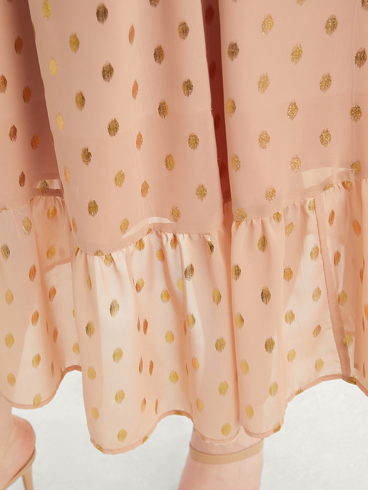 Plus Size Polka Dot V Neck Pocket Ruffle Hem Maxi Dress Rouge Women Elegant Elastic Waist V-neck Short sleeve Curvy Long Dress BloomChic 26/4X 