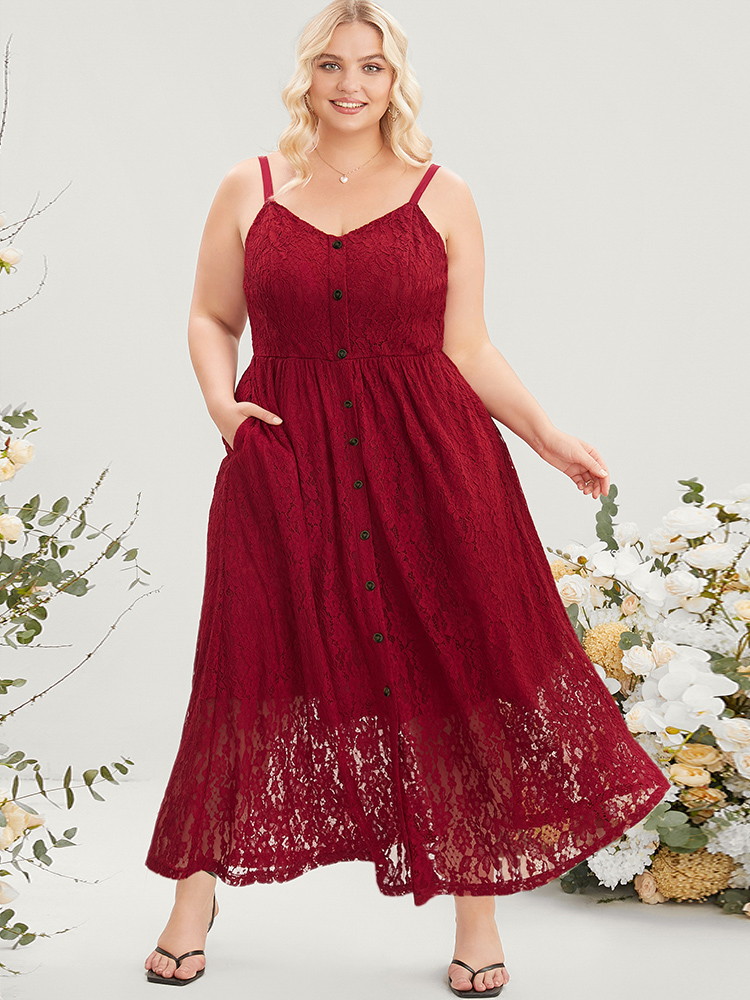 

Plus Size Plain Lace Pocket Sleeveless Button Detail Cami Maxi Dress Scarlet Women Glamour Adjustable Straps Spaghetti Strap Sleeveless Curvy Long Dress BloomChic