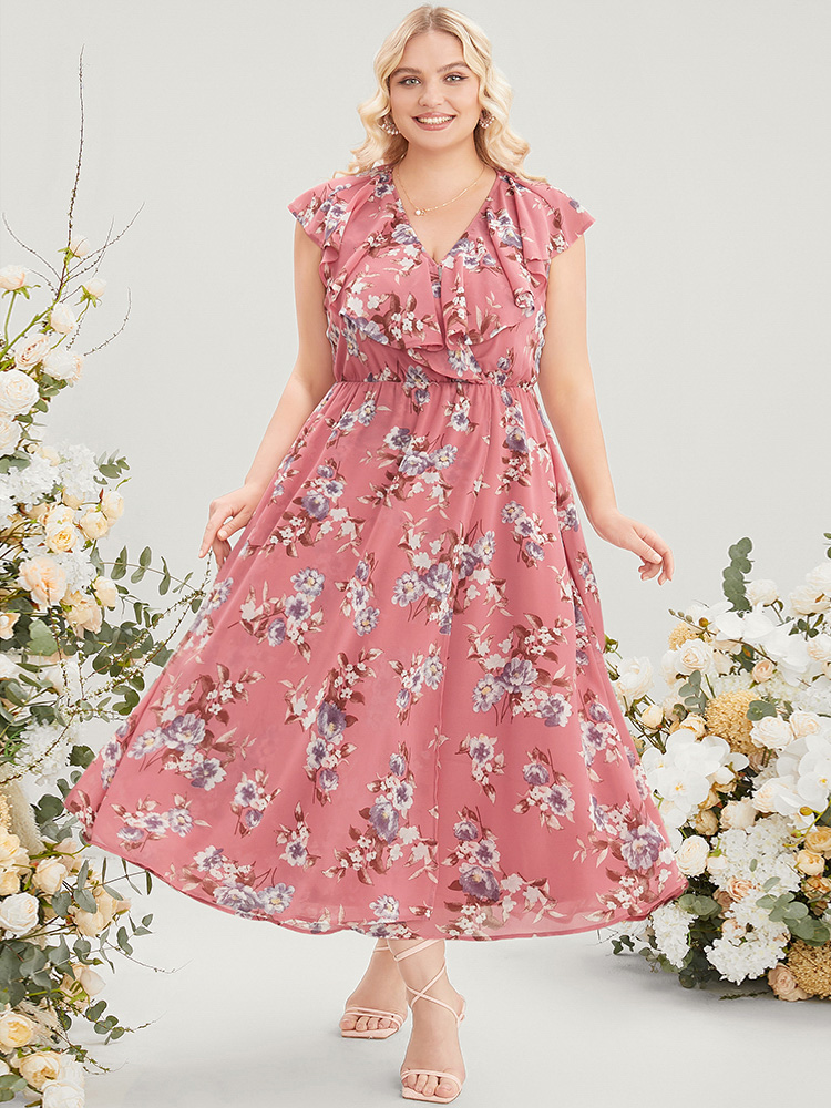 

Plus Size Floral Print Ruffle Trim Pocket Sleeveless Wrap Dress DustyPink Women Elegant Elastic Waist Overlap Collar Sleeveless Curvy Midi Dress BloomChic