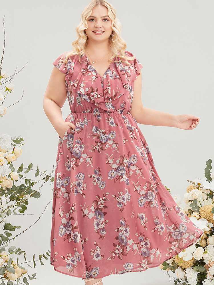 Plus Size Floral Print Ruffle Trim Pocket Sleeveless Wrap Dress DustyPink Women Elegant Elastic Waist Overlap Collar Sleeveless Curvy Midi Dress BloomChic 28/5X 