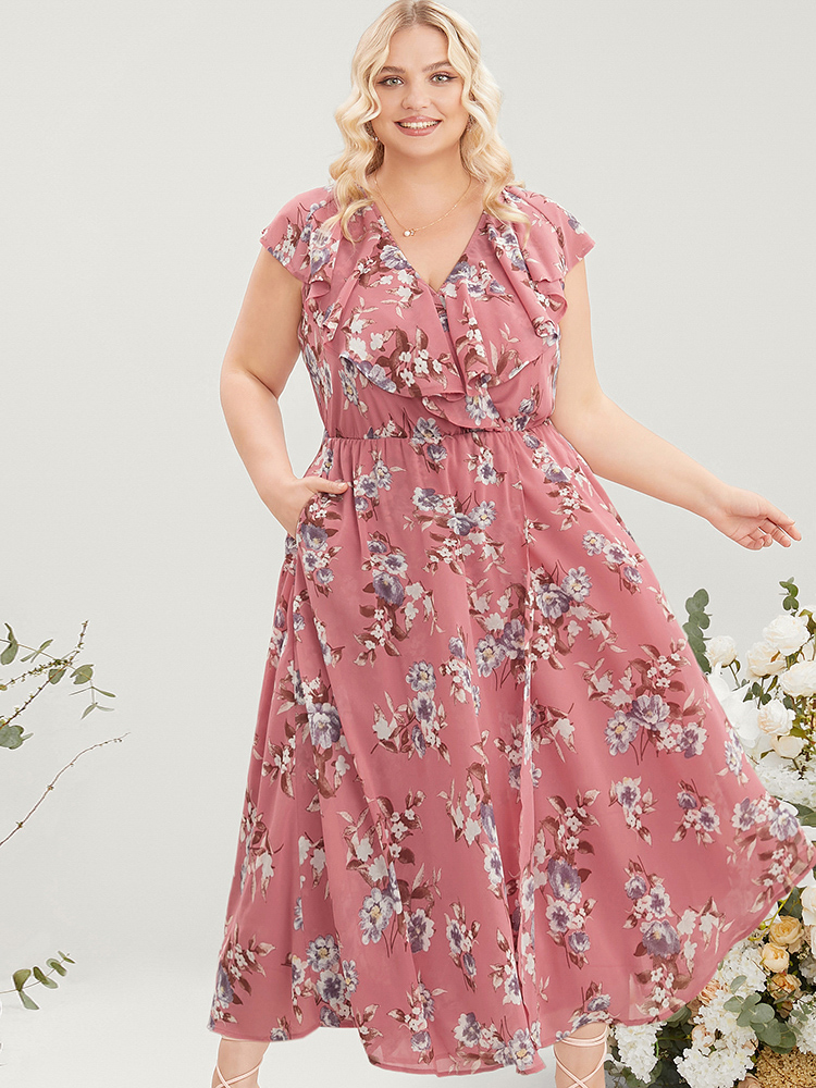 Plus Size Floral Print Ruffle Trim Pocket Sleeveless Wrap Dress DustyPink Women Elegant Elastic Waist Overlap Collar Sleeveless Curvy Midi Dress BloomChic 28/5X 