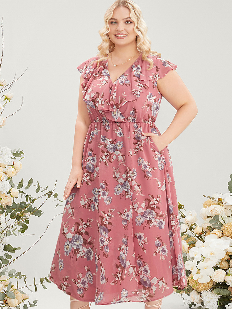 Plus Size Floral Print Ruffle Trim Pocket Sleeveless Wrap Dress DustyPink Women Elegant Elastic Waist Overlap Collar Sleeveless Curvy Midi Dress BloomChic 28/5X 
