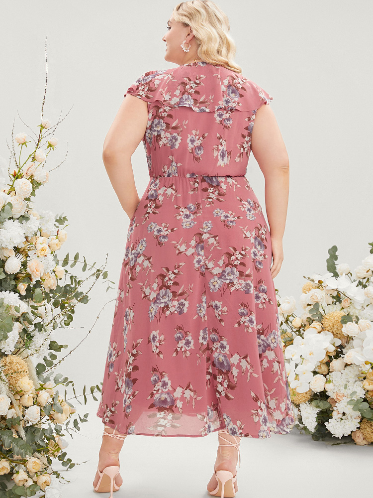 Plus Size Floral Print Ruffle Trim Pocket Sleeveless Wrap Dress DustyPink Women Elegant Elastic Waist Overlap Collar Sleeveless Curvy Midi Dress BloomChic 28/5X 