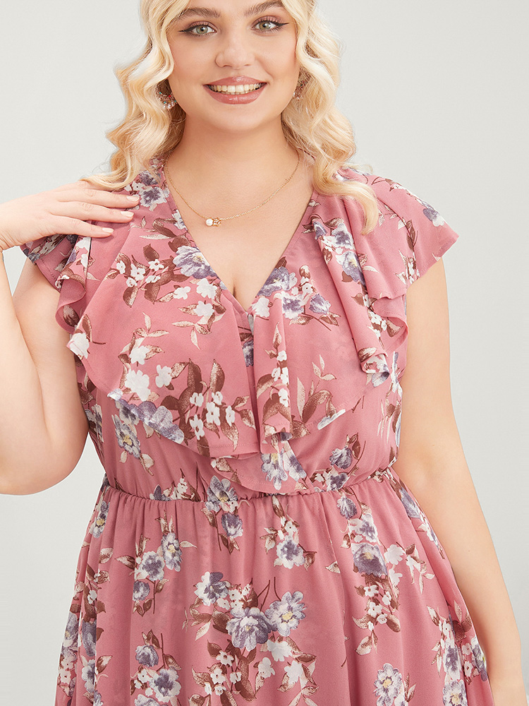 Plus Size Floral Print Ruffle Trim Pocket Sleeveless Wrap Dress DustyPink Women Elegant Elastic Waist Overlap Collar Sleeveless Curvy Midi Dress BloomChic 28/5X 