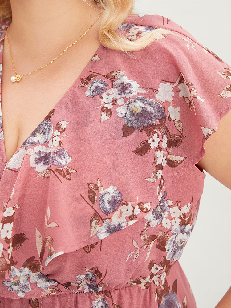 Plus Size Floral Print Ruffle Trim Pocket Sleeveless Wrap Dress DustyPink Women Elegant Elastic Waist Overlap Collar Sleeveless Curvy Midi Dress BloomChic 28/5X 