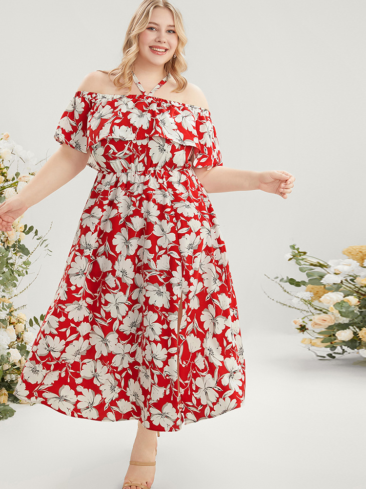 

Plus Size Floral Print Pocket Ruffles Trim Split Halter Maxi Dress Scarlet Women Elegant Elastic Waist Halter neck Short sleeve Curvy Long Dress BloomChic