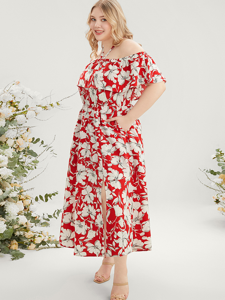 

Plus Size Floral Print Pocket Ruffles Trim Split Halter Maxi Dress Scarlet Women Elegant Elastic Waist Halter neck Short sleeve Curvy Long Dress BloomChic