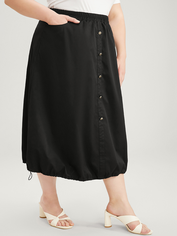 Plus Size Solid Pocket Button Detail Drawstring Hem Skirt Women Black Elegant Drawstring No stretch Pocket Dailywear Skirts BloomChic 30/6X 