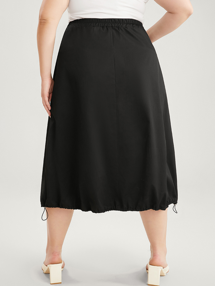 Plus Size Solid Pocket Button Detail Drawstring Hem Skirt Women Black Elegant Drawstring No stretch Pocket Dailywear Skirts BloomChic 30/6X 