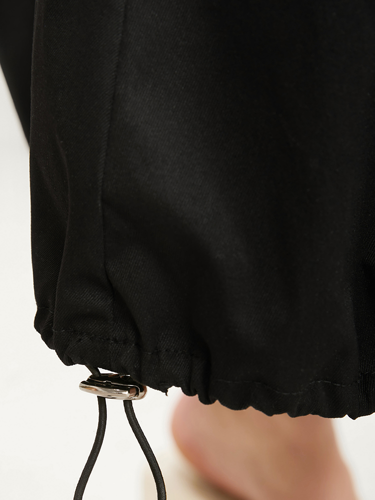 Plus Size Solid Pocket Button Detail Drawstring Hem Skirt Women Black Elegant Drawstring No stretch Pocket Dailywear Skirts BloomChic 30/6X 