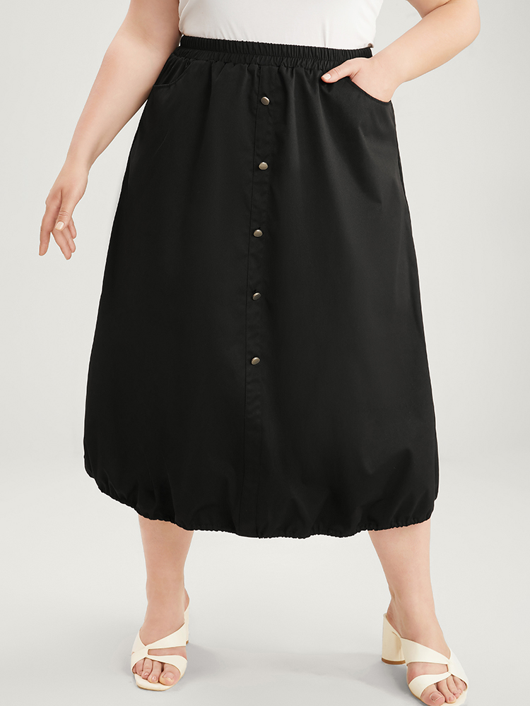 Plus Size Solid Pocket Button Detail Drawstring Hem Skirt Women Black Elegant Drawstring No stretch Pocket Dailywear Skirts BloomChic 30/6X 