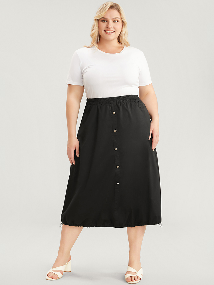 Plus Size Solid Pocket Button Detail Drawstring Hem Skirt Women Black Elegant Drawstring No stretch Pocket Dailywear Skirts BloomChic 30/6X 