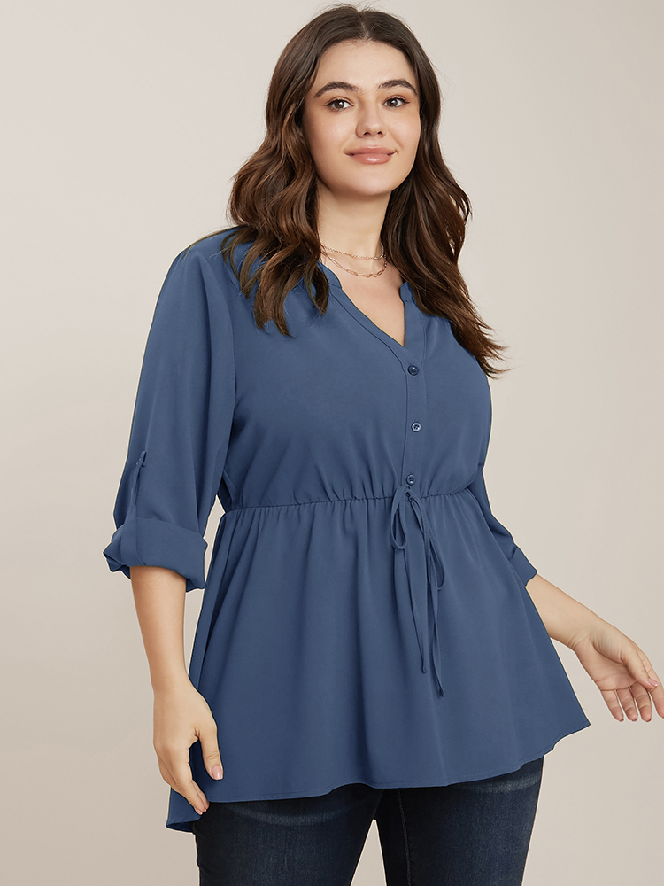 

Plus Size Stone Plain Knotted Cuffed Sleeve Ruffles Asymmetrical Hem Blouse Women Office Elbow-length sleeve Shirt collar Work Blouses BloomChic