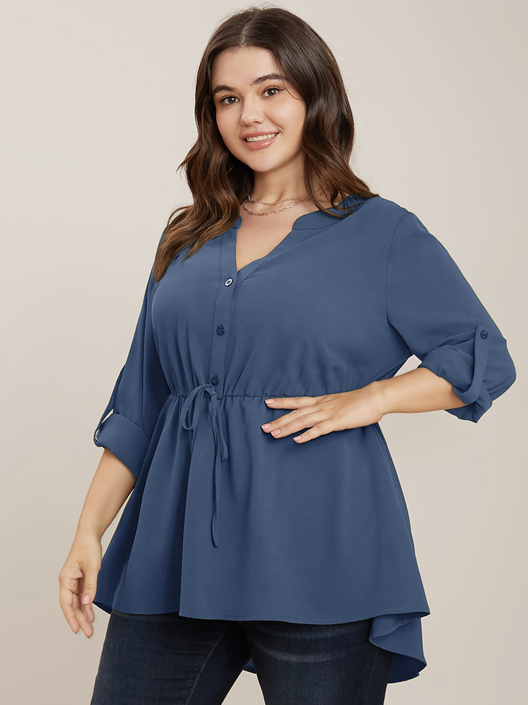 

Plus Size Stone Plain Knotted Cuffed Sleeve Ruffles Asymmetrical Hem Blouse Women Office Elbow-length sleeve Shirt collar Work Blouses BloomChic