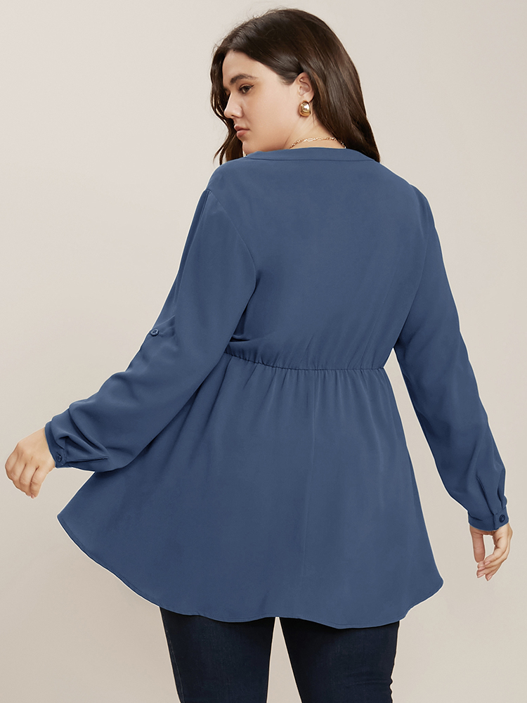 Plus Size Stone Plain Knotted Cuffed Sleeve Ruffles Asymmetrical Hem Blouse Women Office Elbow-length sleeve Shirt collar Work Blouses BloomChic 22-24/3X 