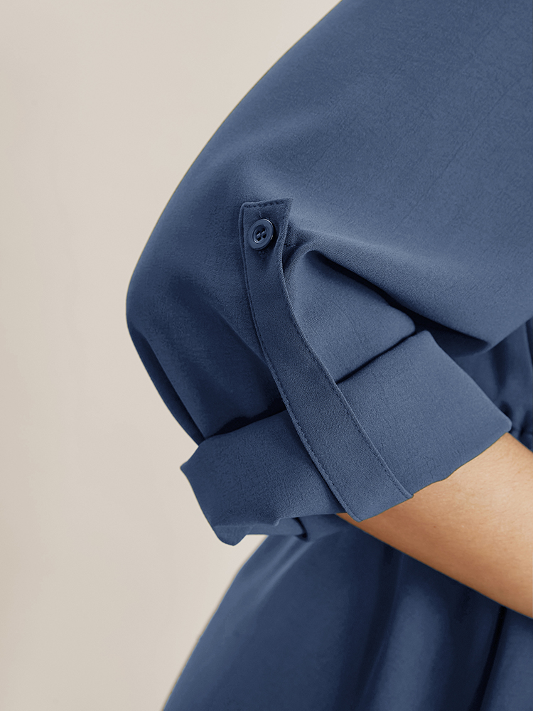 Plus Size Stone Plain Knotted Cuffed Sleeve Ruffles Asymmetrical Hem Blouse Women Office Elbow-length sleeve Shirt collar Work Blouses BloomChic 22-24/3X 