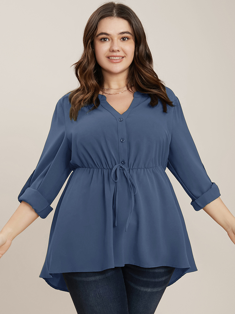 Plus Size Stone Plain Knotted Cuffed Sleeve Ruffles Asymmetrical Hem Blouse Women Office Elbow-length sleeve Shirt collar Work Blouses BloomChic 22-24/3X 