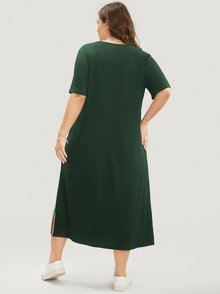 Plus Size Colorblock Contrast V Neck Pocket Split Hem Dress Green Women Casual Contrast V-neck Short sleeve Curvy Midi Dress BloomChic 30/6X 