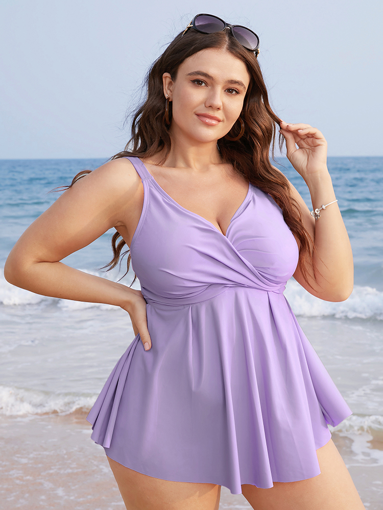 

Plus Size Crossover Front A Line Adjustable Straps Tankini Top Women's Swimwear Lilac Vacation Adjustable Straps High stretch Bodycon Overlap Collar Curve Swim Tops BloomChic