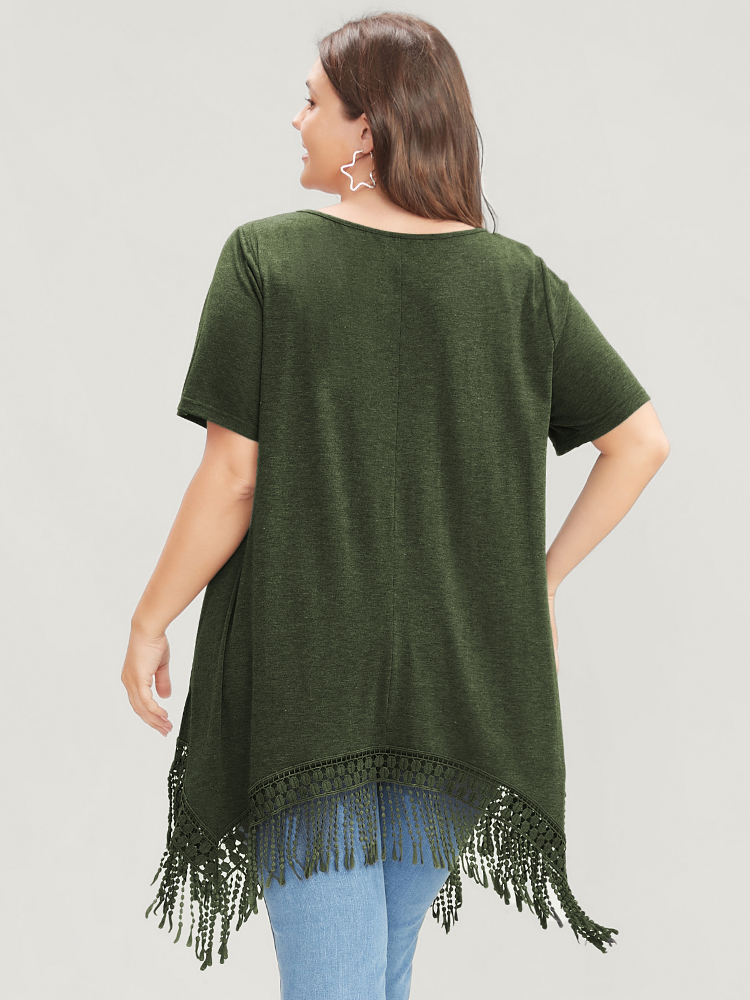 

Liberty Ruffle Tassels Plus Size Women T-shirts Elegance Plain Slightly Stretchy Sleeve Short Sleeve Round Neck Dailywear T-shirts BloomChic, Armygreen