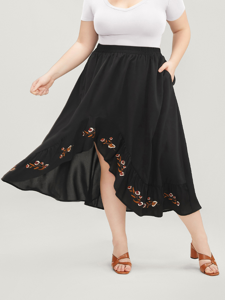 

Plus Size Floral Embroidered Pocket Asymmetrical Hem Skirt Women Black Vacation Embroidered Loose No stretch Pocket Dailywear Skirts BloomChic