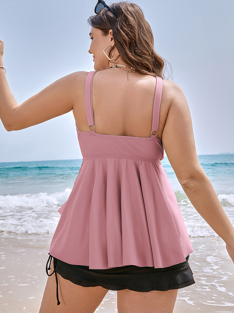 

Plus Size Knotted Front Ruffle Tiered Tankini Top Women's Swimwear DustyPink Beach Ruffles High stretch Bodycon V-neck Curve Swim Tops BloomChic