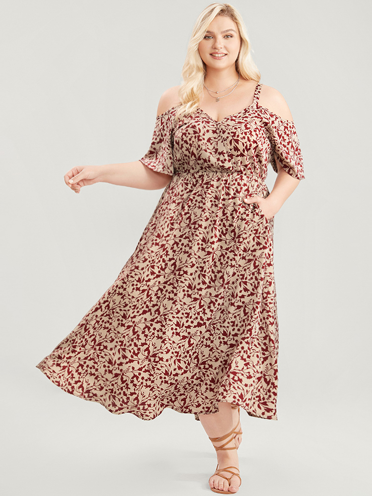 

Plus Size Ditsy Floral Cold Shoulder Pocket Wrap Flutter Dress DustyPink Women Elegant Pocket Cold Shoulder Short sleeve Curvy Midi Dress BloomChic