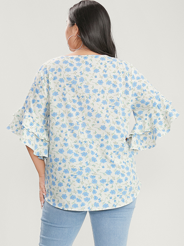 

Plus Size White Floral Printed Knotted Front V Neck Ruffle Sleeve Blouse Women Elegant Elbow-length sleeve V-neck Dailywear Blouses BloomChic