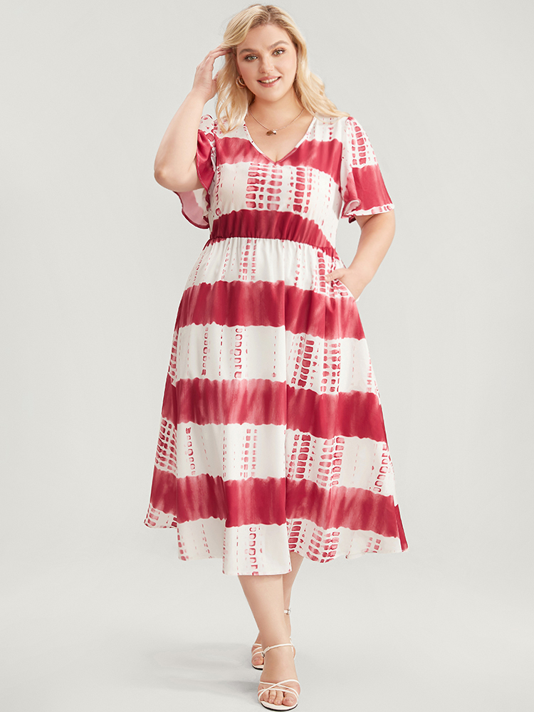 

Plus Size Tie Dye V Neck Pocket Ruffle Sleeve Midi Dress DustyPink Women Vacation Pocket V-neck Short sleeve Curvy Midi Dress BloomChic