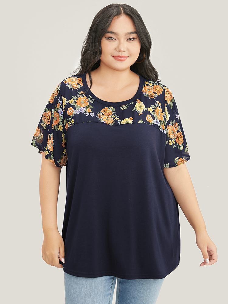 Plus Size Floral Mesh Patchwork Ruffle Sleeve T-shirt Midnight Women Elegant Patchwork Floral Round Neck Dailywear T-shirts BloomChic 12/L 