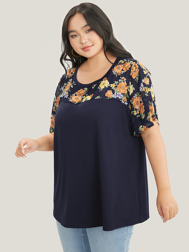 Plus Size Floral Mesh Patchwork Ruffle Sleeve T-shirt Midnight Women Elegant Patchwork Floral Round Neck Dailywear T-shirts BloomChic 12/L 