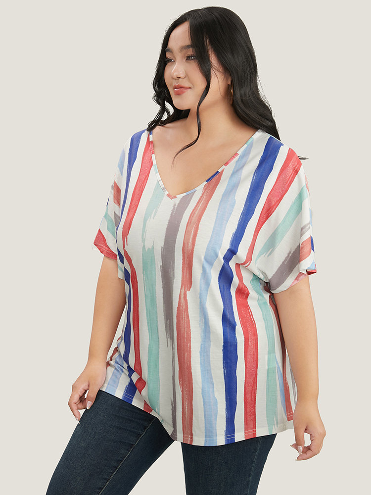 

Plus Size Striped Contrast Dolman Sleeve V Neck T-shirt White Women Casual Striped V-neck Everyday T-shirts BloomChic