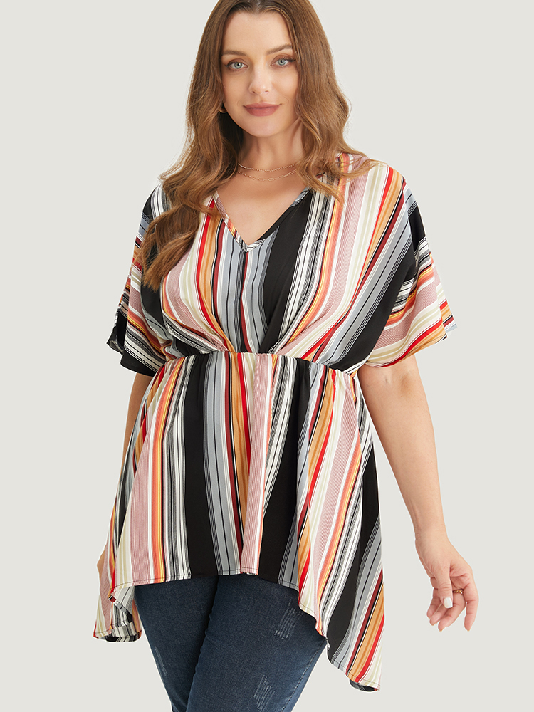 

Plus Size Multicolor Striped Contrast Dolman Sleeve Asymmetrical Hem Blouse Women Vacation Short sleeve V-neck Dailywear Blouses BloomChic