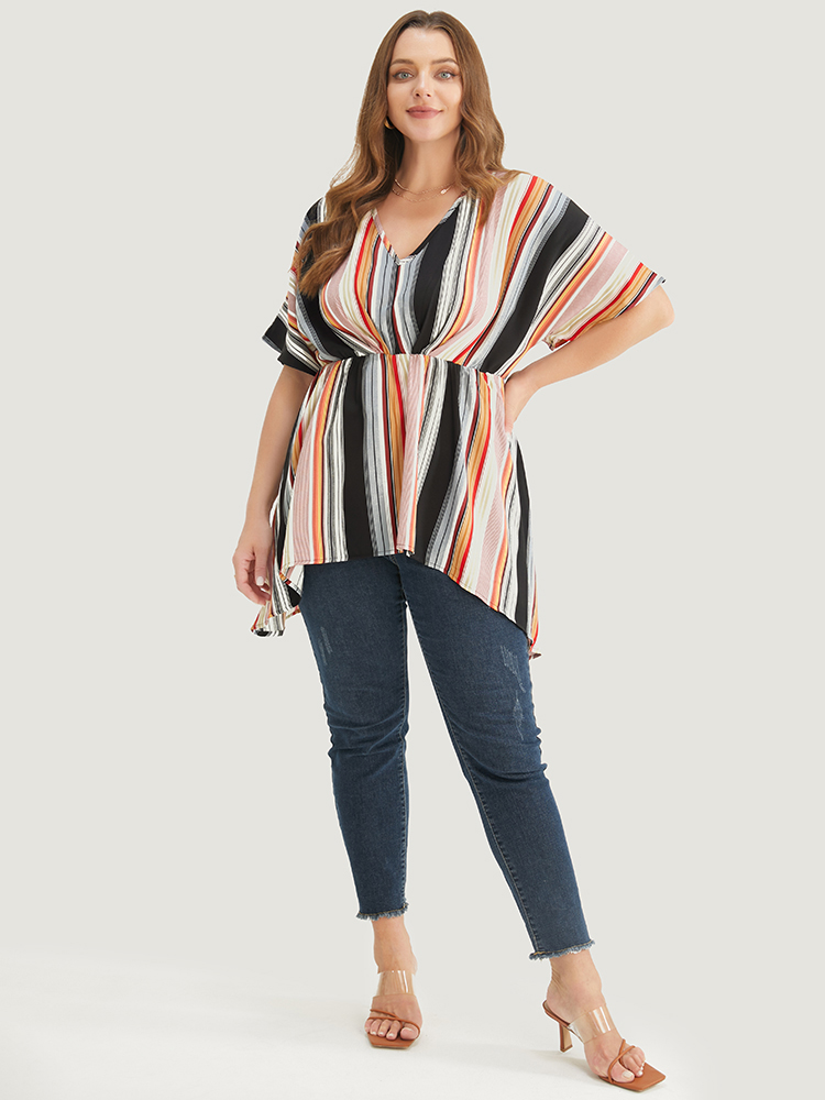 Plus Size Multicolor Striped Contrast Dolman Sleeve Asymmetrical Hem Blouse Women Vacation Short sleeve V-neck Dailywear Blouses BloomChic 18-20/2X 