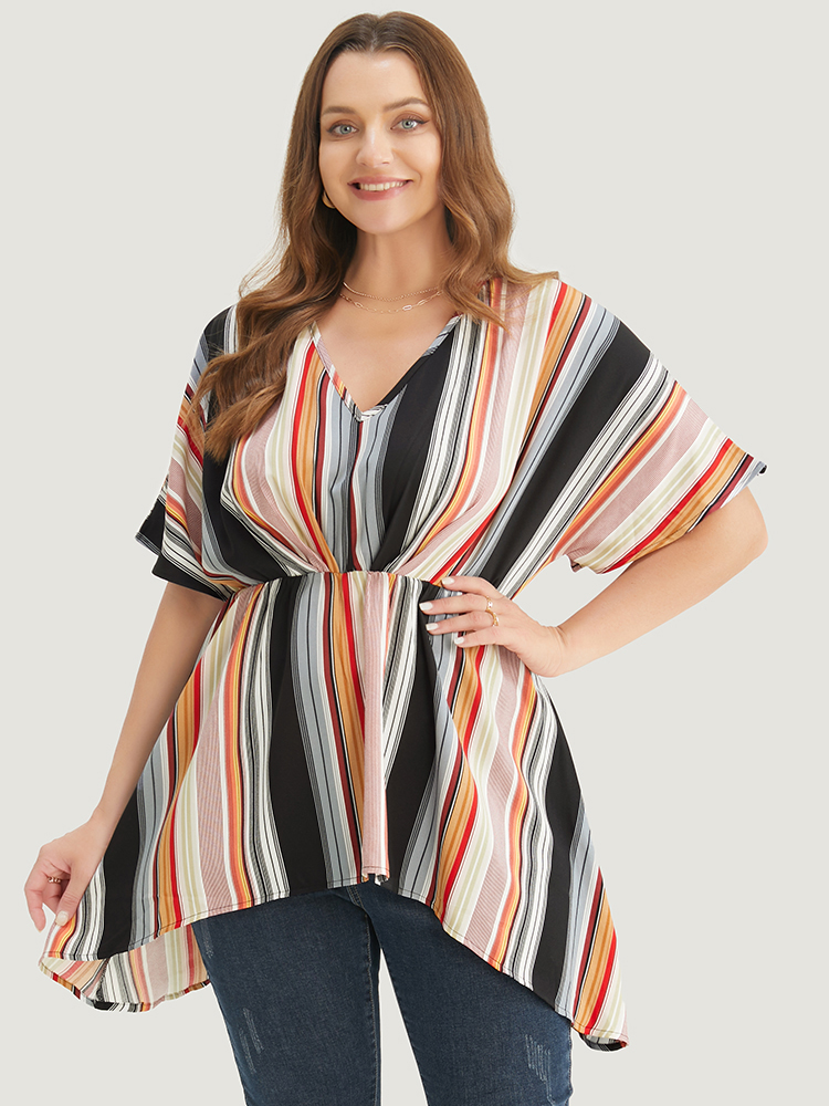 Plus Size Multicolor Striped Contrast Dolman Sleeve Asymmetrical Hem Blouse Women Vacation Short sleeve V-neck Dailywear Blouses BloomChic 18-20/2X 