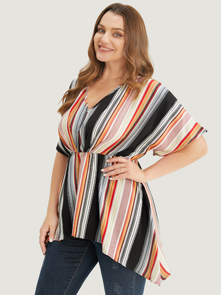 Plus Size Multicolor Striped Contrast Dolman Sleeve Asymmetrical Hem Blouse Women Vacation Short sleeve V-neck Dailywear Blouses BloomChic 18-20/2X 