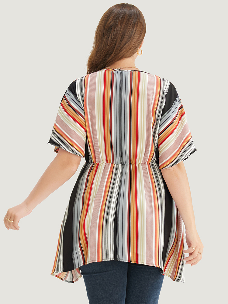 Plus Size Multicolor Striped Contrast Dolman Sleeve Asymmetrical Hem Blouse Women Vacation Short sleeve V-neck Dailywear Blouses BloomChic 18-20/2X 