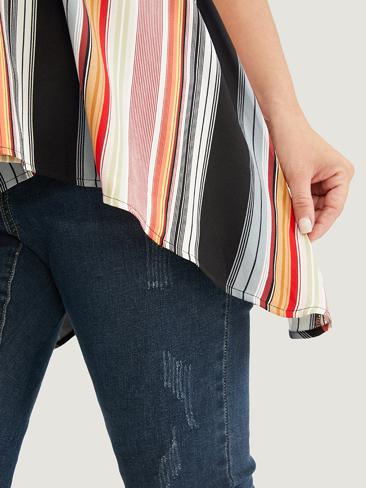 Plus Size Multicolor Striped Contrast Dolman Sleeve Asymmetrical Hem Blouse Women Vacation Short sleeve V-neck Dailywear Blouses BloomChic 18-20/2X 