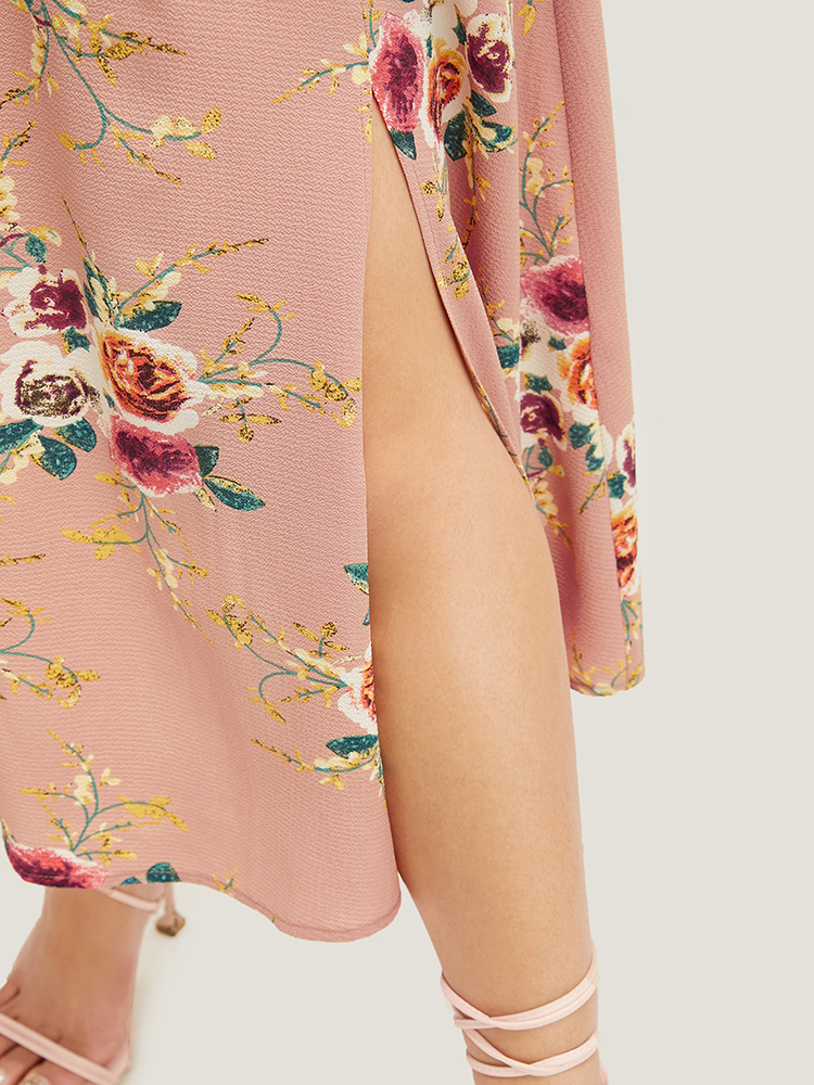 Plus Size Floral Printed Lace Wrap Pocket Split Ruffles Hem Dress DustyPink Women Elegant Lace V-neck Short sleeve Curvy Midi Dress BloomChic 22-24/3X 