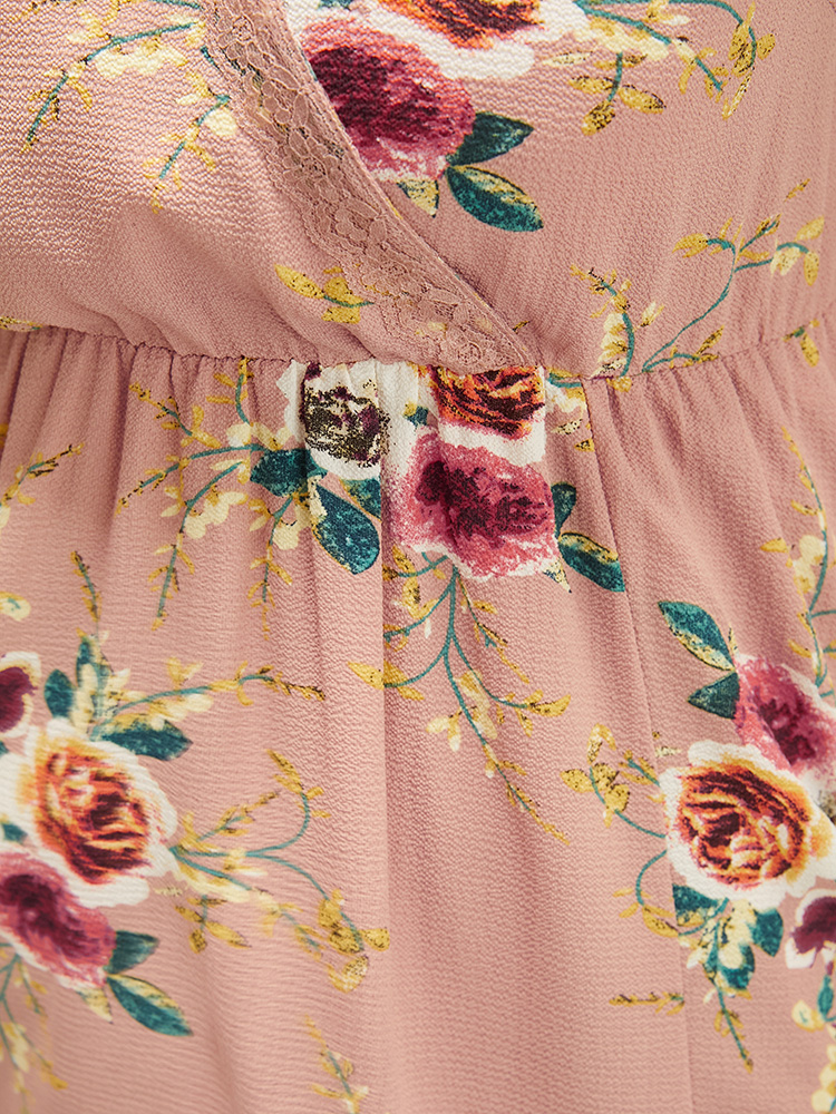 Plus Size Floral Printed Lace Wrap Pocket Split Ruffles Hem Dress DustyPink Women Elegant Lace V-neck Short sleeve Curvy Midi Dress BloomChic 22-24/3X 