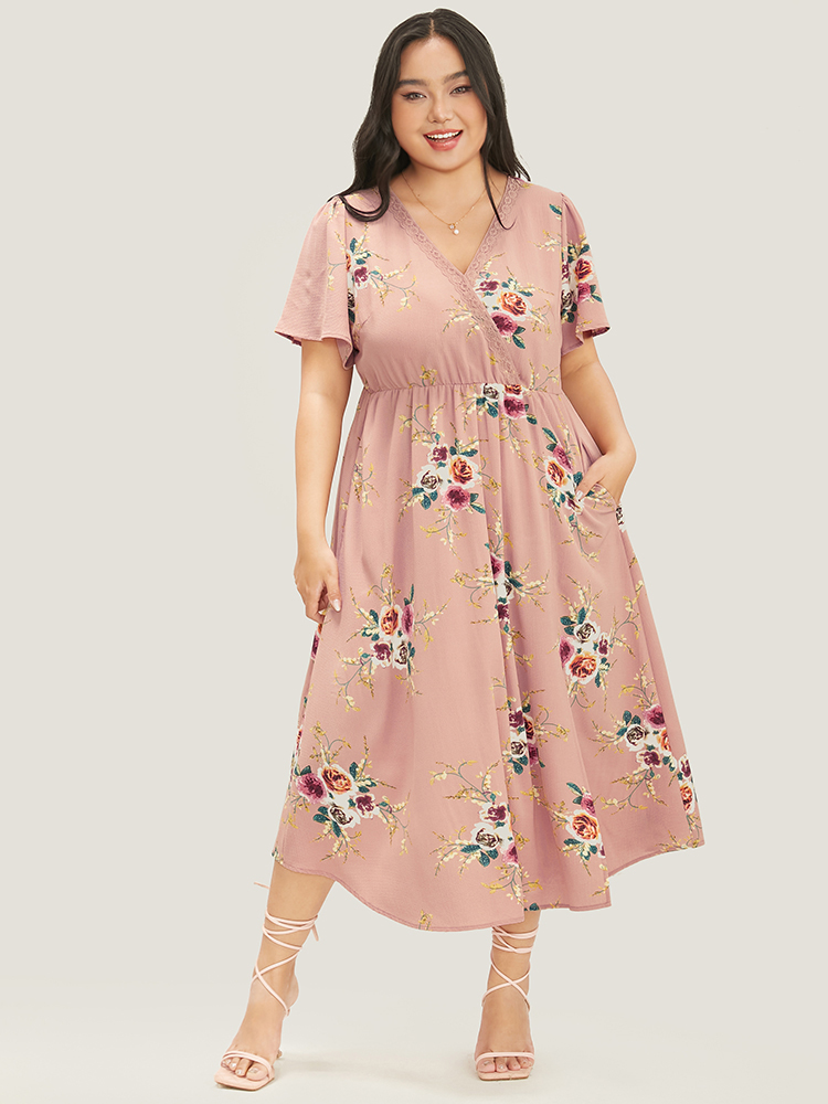 Plus Size Floral Printed Lace Wrap Pocket Split Ruffles Hem Dress DustyPink Women Elegant Lace V-neck Short sleeve Curvy Midi Dress BloomChic 22-24/3X 